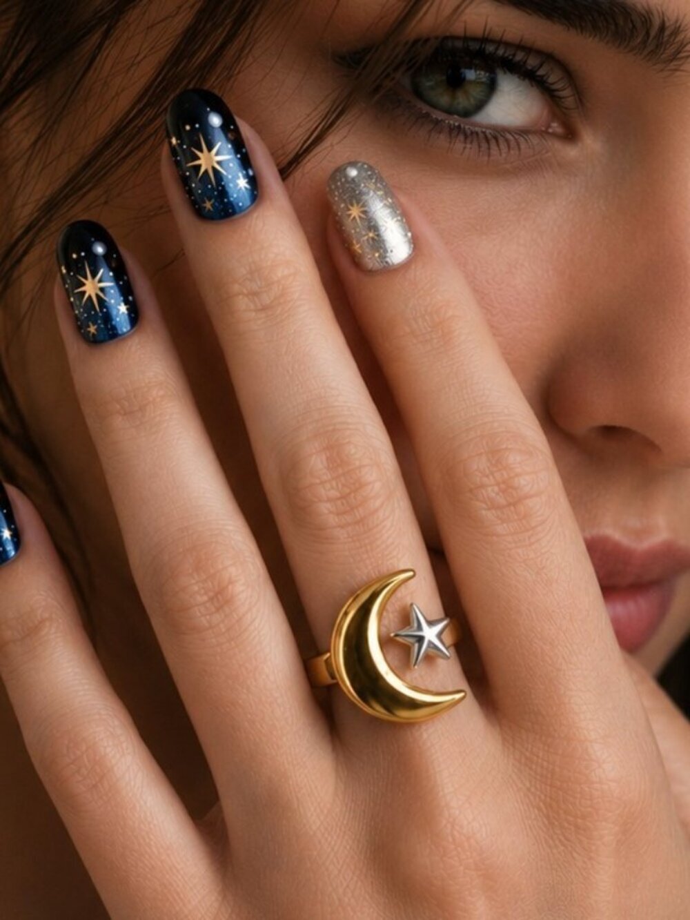 Two-Tone Moon Star Celestial Ring 18K Gold Plated Stainless Steel Adjustable 7-9